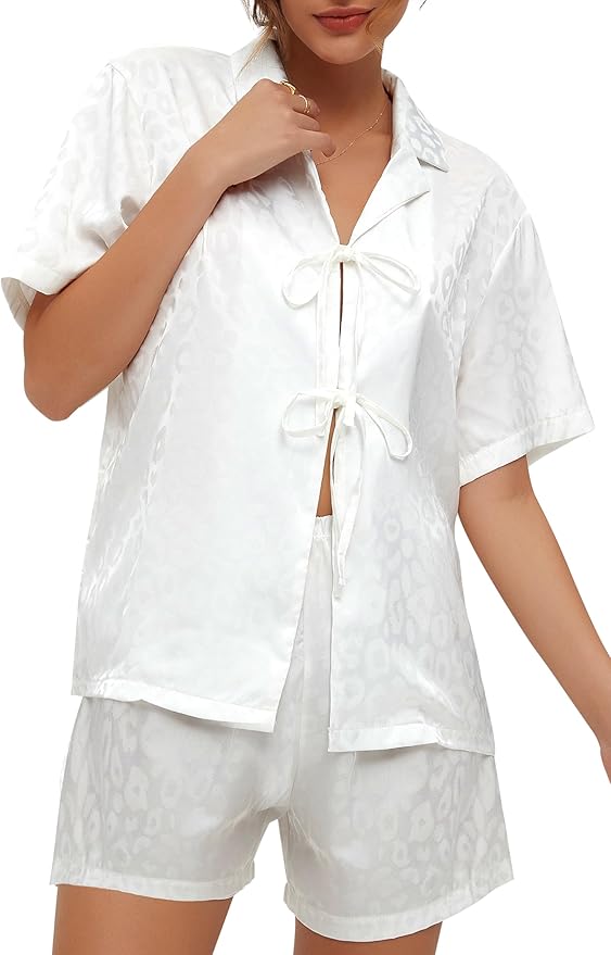 CHYRII Women's Silk Satin Pajamas Sets Tie Front Short Sleeve Tops and Shorts Two Piece Pj Sets Sleepwear