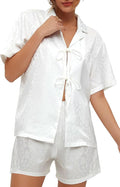 CHYRII Women's Silk Satin Pajamas Sets Tie Front Short Sleeve Tops and Shorts Two Piece Pj Sets Sleepwear