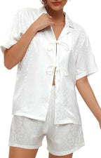 CHYRII Women's Silk Satin Pajamas Sets Tie Front Short Sleeve Tops and Shorts Two Piece Pj Sets Sleepwear