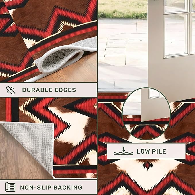 Western Runner Rug,2x8ft,Brown Cow Hide Print Runner Rug,Indoor Soft Non-Slip Washable Country Farmhouse Rugs,Southwestern Aztec Geometric Patt Rustic Runner Rugs,for Hallway Bedroom Floor Mat