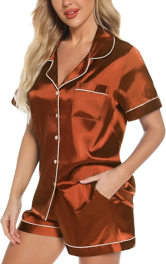 Samring Women's Silk Satin Pajamas Set Short Sleeve Sleepwear Two Piece Button Down Pj Set with Pockets S-XXL