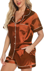 Samring Women's Silk Satin Pajamas Set Short Sleeve Sleepwear Two Piece Button Down Pj Set with Pockets S-XXL