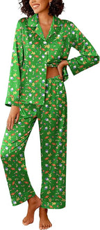 Ekouaer Womens Silk Satin Pajama Sets 2 Piece Sleepwear Pjs Set Long Sleeve Button Down Top and Pants Stripe Loungewear S-XXL