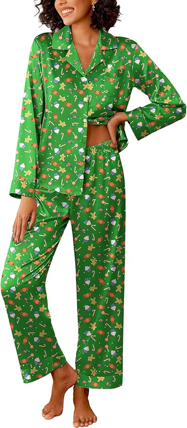 Ekouaer Womens Silk Satin Pajama Sets 2 Piece Sleepwear Pjs Set Long Sleeve Button Down Top and Pants Stripe Loungewear S-XXL