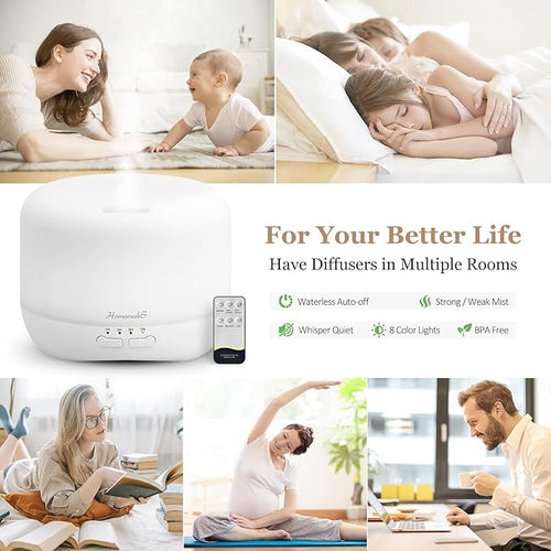 Aromatherapy Essential Oil Diffuser for Room: 500ml Colorful Aroma Air Humidifier with Adjustable Cool Mist Mode, Waterless Auto Off Ultrasonic Diffusers for Large Room Home Office(White)