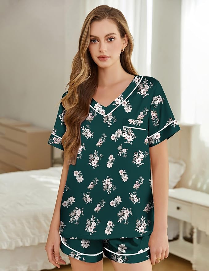 Silk Pajamas for Women Short Sleeve Satin 2 Piece Pj Set Soft V Neck Sleepwear Loungewear, S-XXL