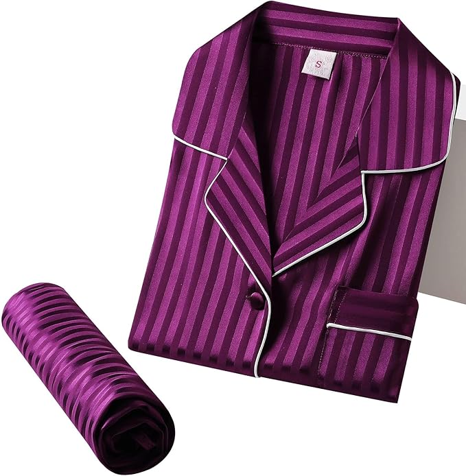 SIHA Satin Silk Pajamas for Women Pajama Set With Long Sleeve Button-Down Satin Pajamas Sleepwear XS-3XL
