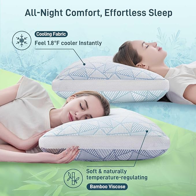 Sylvaris Shredded Memory Foam Cooling Soft Bamboo Viscose Pillow Queen Size, Adjustable Hypoallergenic Hotel Quality Bed Pillow for Side, Stomach or Back Sleeper, Oeko-TEX Certified