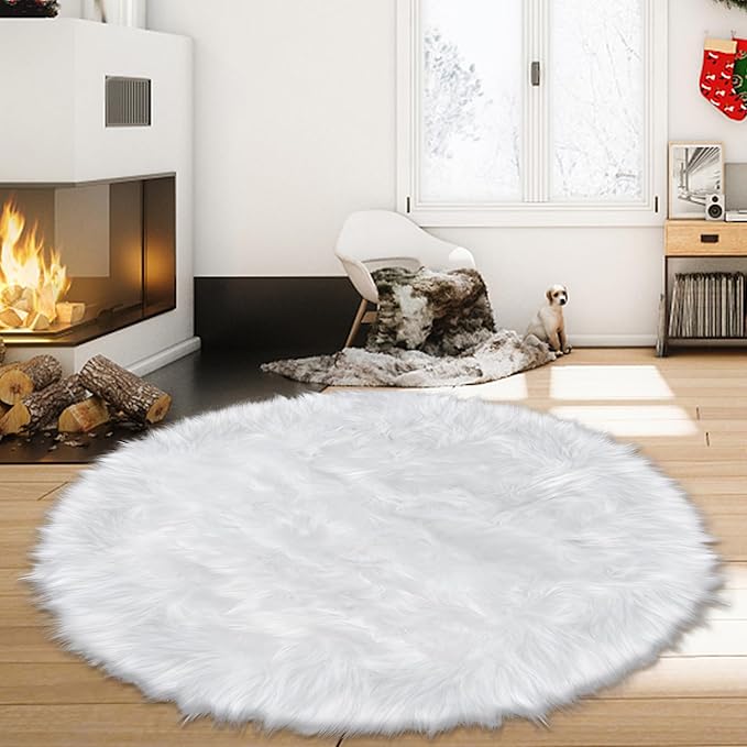 6ft Sheepskin Faux Fur White Round Rugs for Bedroom Living Room, Fluffy White Circle Rug for Kids Room Furry Shaggy Circular Carpet for Teen Girls Room Non-Slip