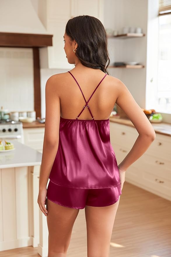 EKOUAER Silky Pajama Set for Women V-Neck Satin Camisole Lingerie Sets Party Loungewear Sleepwear