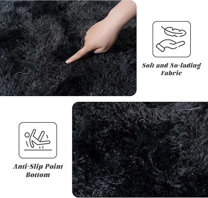 Tie-Dyed Black Rugs for Bedroom 9x12 ft Large - Ultra Soft Faux Fur Area Rug - Plush Non-Slip Shaggy Carpet for Living Room, Cozy Fluffy Rug for Kids Boys Girls Dorm Nursery Room, High Pile Carpet