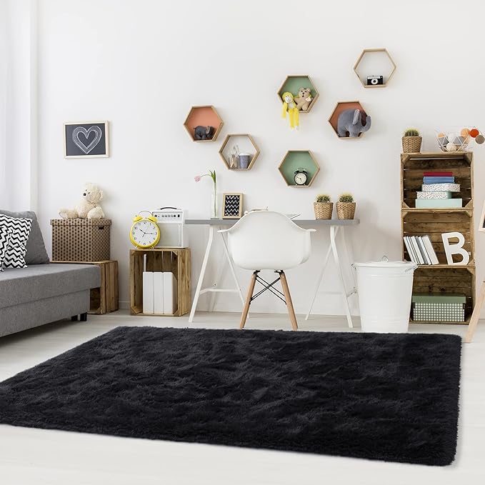 Noahas Black Area Rugs for Bedroom Living Room,4x6 Fluffy Thick Shag Throw Floor Carpet,Soft Shaggy Bedside Non-Slip Plush Dorm Nursery Kids Rug