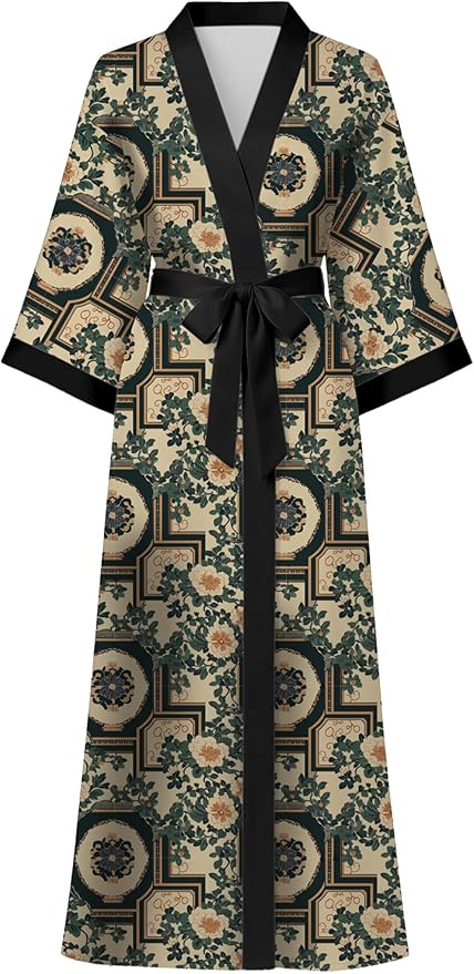 Hellomamma Womens Satin Silk Robe: Lightweight 3/4 Sleeve Comfy Floral Print Kimono Sleepwear for Bride Wedding Party Gift
