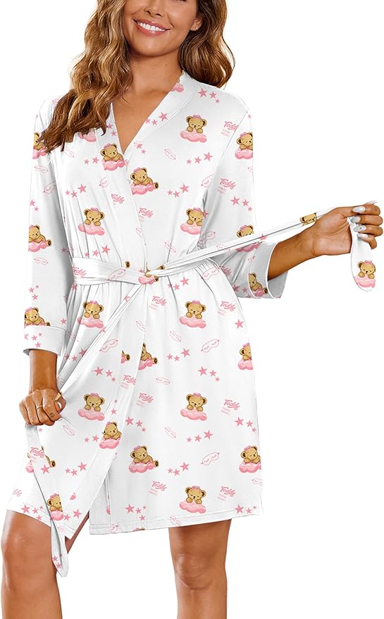 Ekouaer Women‘s Robes Lightweight 3/4 Sleeve Short Knit Bathrobe Soft Knee Length Sleepwear Robes with Pockets S-XXL