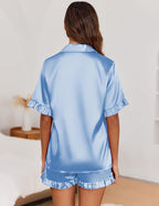 Ekouaer Satin Pajama Set for Women Button Down Silk 2 Piece Pj Sets Ruffle Short Sleeve Sleepwear