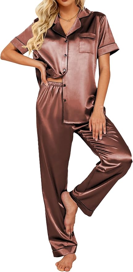 Ekouaer Silk Satin Pajamas Set Women Short Sleeve Sleepwear Soft Button Down Loungewear Pjs Set