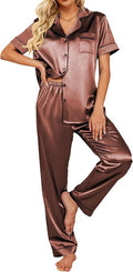 Ekouaer Silk Satin Pajamas Set Women Short Sleeve Sleepwear Soft Button Down Loungewear Pjs Set