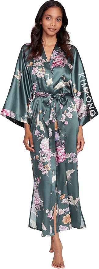 KIM+ONO Plus Size Luxury Kimono Robe for Women | Long Satin Floral Robe | Original Design | Removable Waist Tie Closure