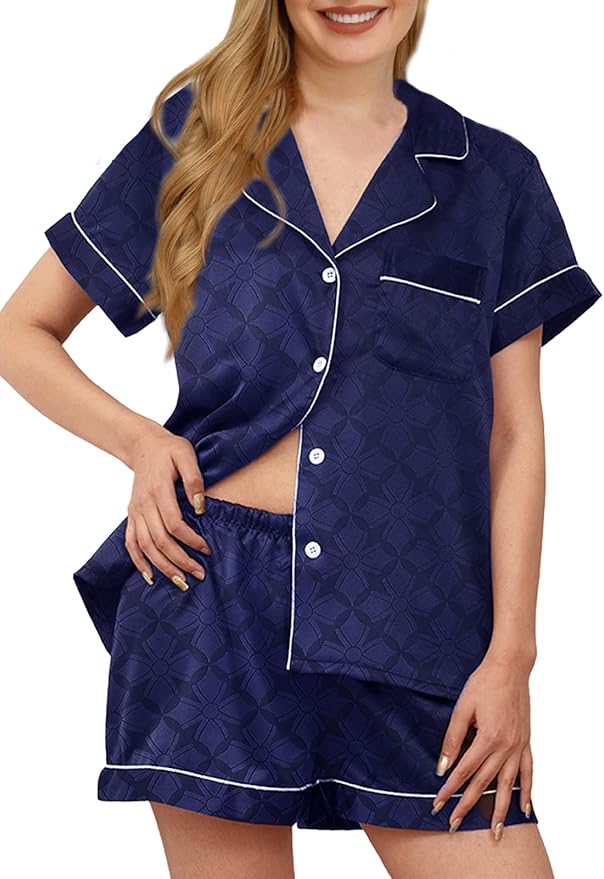 WJing Yi Jia Womens Silk Satin Pajamas Loungewear Two-Piece Sleepwear Button-Down Floral Pj Set XS-4XL