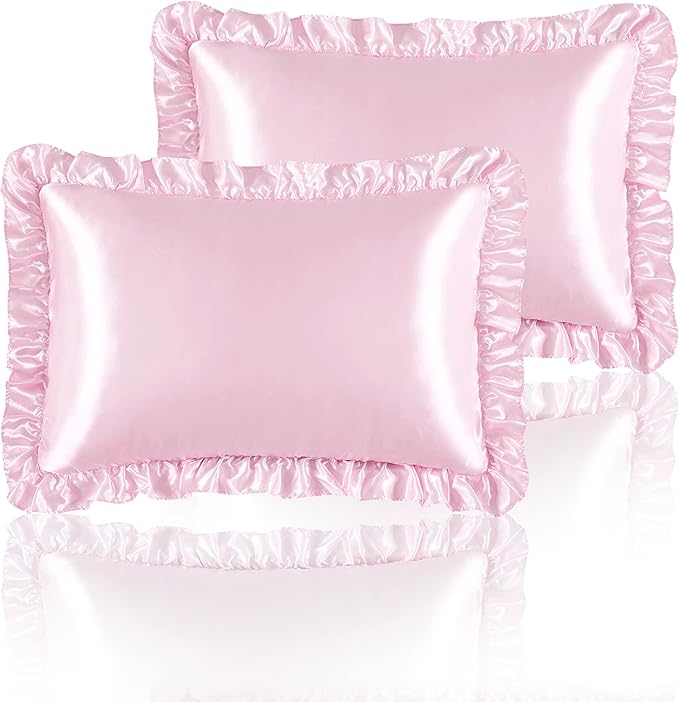 Silky Satin Ruffled Pillow Cases for Hair and Skin,Pink Silk Pillowcases King Set of 2 with Envelope Closure Princess Room Decoration