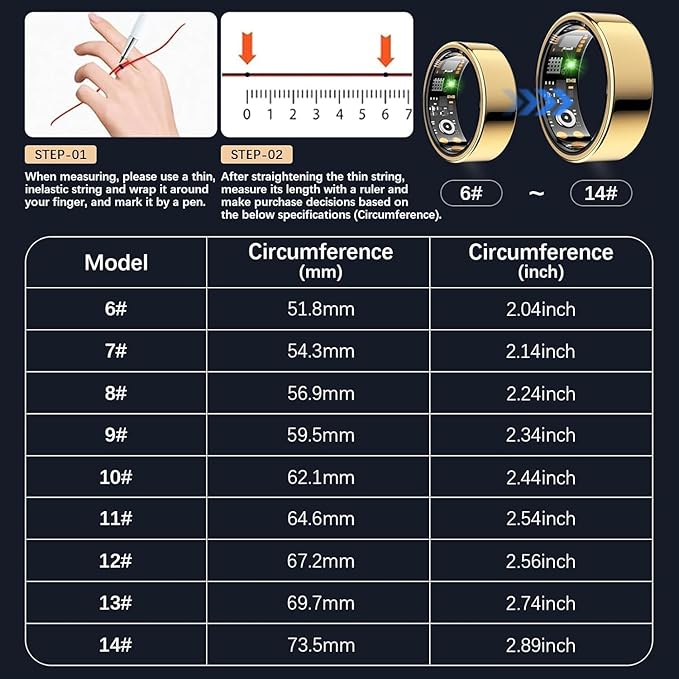 Ring Health Tracker for Women Men, Fitness Ring with Heart Rate, Blood Oxygen, Sleep Monitor, Calories, Step Counter, IP68 Waterproof Smart Ring for iPhone & Android, No Subscription Fee (Gold, 10#)
