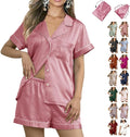 WJing Yi Jia Womens 3Pcs Floral Pajamas Sets Silk Satin Sleepwear XS~4XL Button Down Short Sleeve Shirt Pjs Loungewear