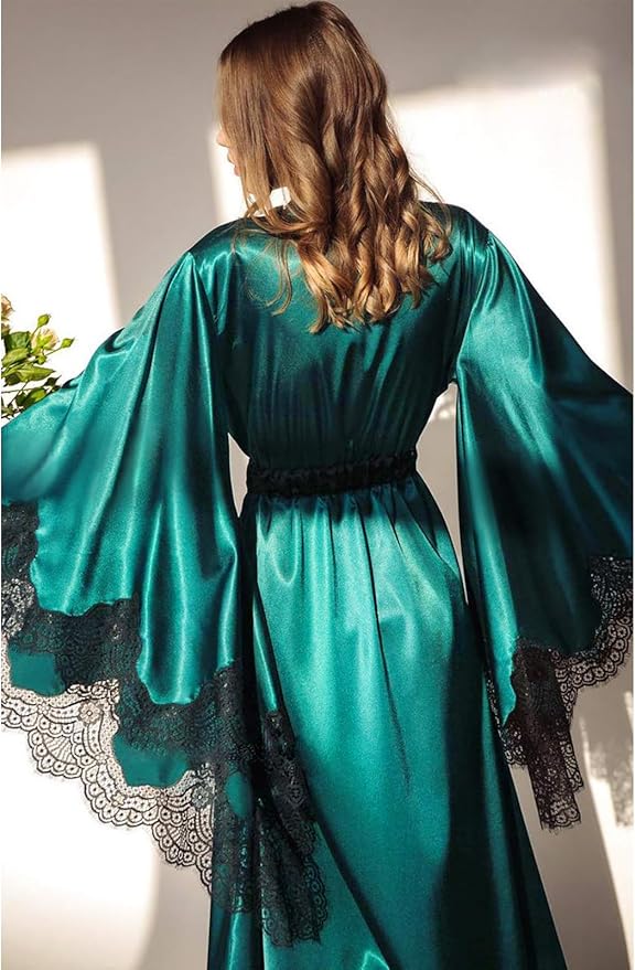 BATHGOWN Women's Satin Robe Black Silk Kimono Bride Robe for Wedding Day Lightweight Long Lace Loungewear Sleepwear