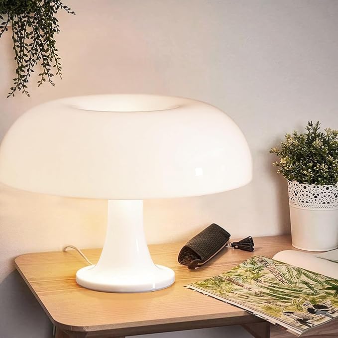 25W White Mushroom Lamp, LED Retro Table Lamp with 3 Color Temperatures and 4 Bulbs, Mid Century Modern Nightstand Light for Bedroom, Living Room, Office Aesthetic Decor, US Plug Powered, E14 Sockets