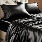 BEDELITE Satin Sheets Full XL Size Bed Set, Luxury Soft Black Silky Sheets for Hair and Skin, Similar to Silk Bed Sheets Set 4 Pieces with 1 Deep Pocket Fitted Sheet, 1 Flat Sheet, 2 Pillowcases