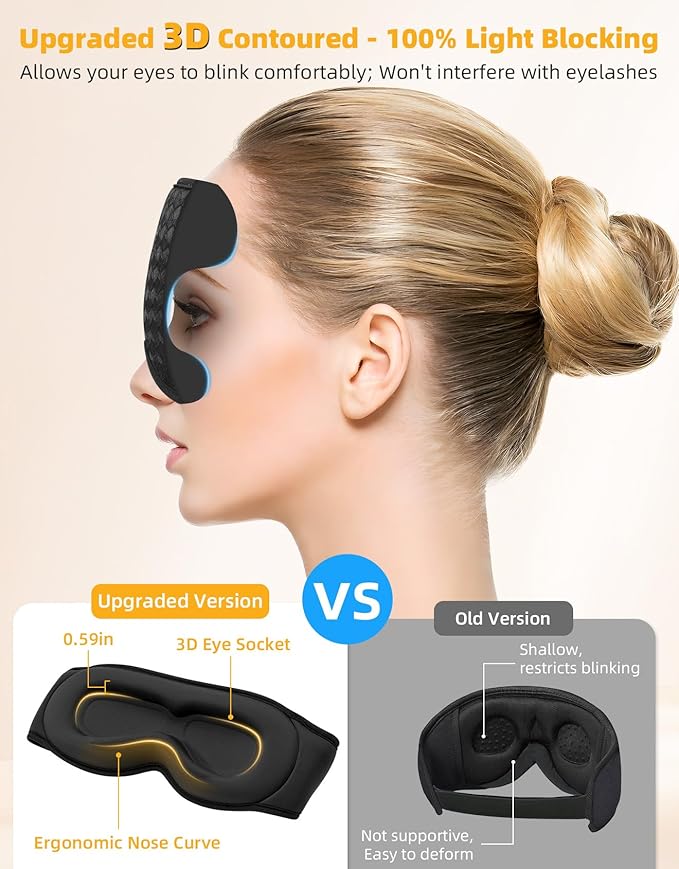 3D Contoured Sleep Mask with Bluetooth Headphones, Adjustable Blackout Sleeping Mask, Easy Installation Sleeping Headphones with Ultra-Thin Stereo Speakers for Men, Women - Dark Blue