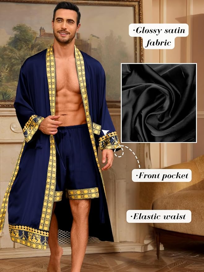 ChiaoLezhee Men's Luxury Silky Robe & Shorts Set, 2PC Lightweight Satin Pajamas with Pockets, Opulent Baroque Kimono Gifts