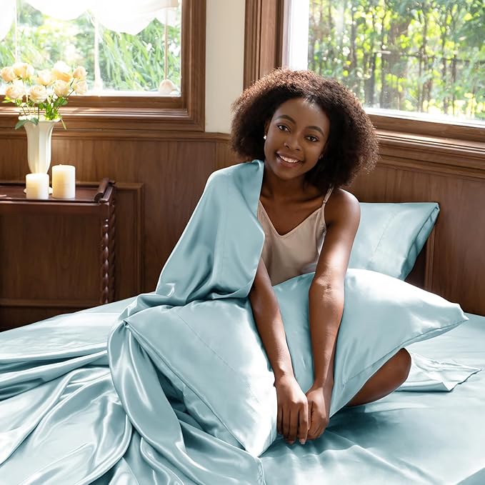 CozyLux Satin Sheets King Size Sheet Set - 4 Piece Silky King Sheets, Luxury Light Blue King Bed Set with Smooth and Soft Microfiber, Includes 1 Fitted Sheet, 1 Flat Sheet and 2 Pillowcases