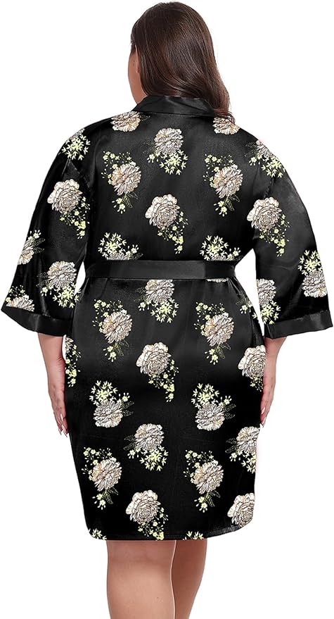 Women's Plus Size Satin Kimono Robes Short Silky Bathrobe Wedding Getting Ready Sleepwear Loungewear