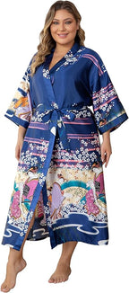Women's Floral Long Satin Robes Plus Size Long Silk Robes Peacock Floral Kimonos Sleepwear Dressing Gown