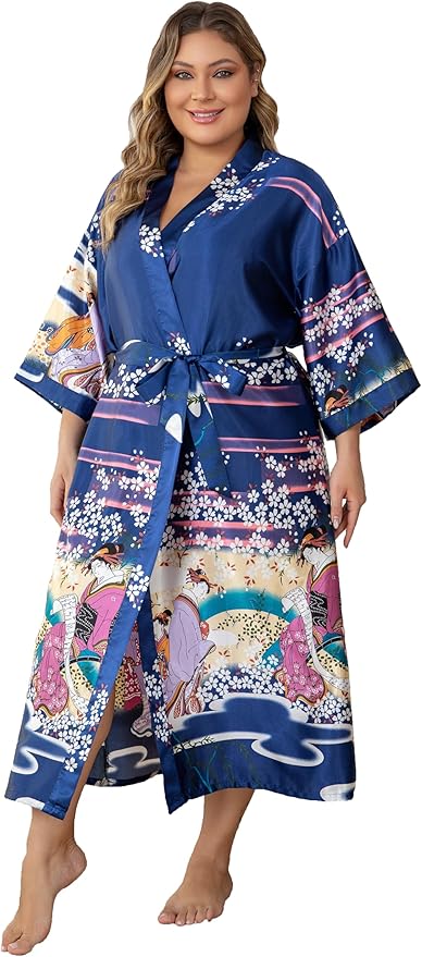 Women's Floral Long Satin Robes Plus Size Long Silk Robes Peacock Floral Kimonos Sleepwear Dressing Gown