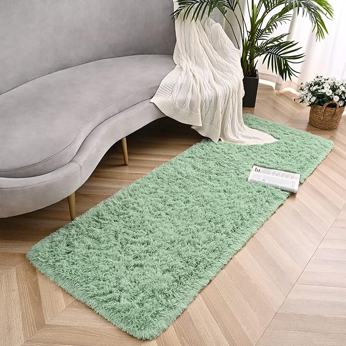 Sage Green Runner Area Rugs for Bedroom Living Room, 2x4 Feet Fluffy Bedside Rugs, Soft Shaggy Carpet Rug for Kids Room Nursery, Furry Rugs for Girls Boys Dorm Room Home Decor