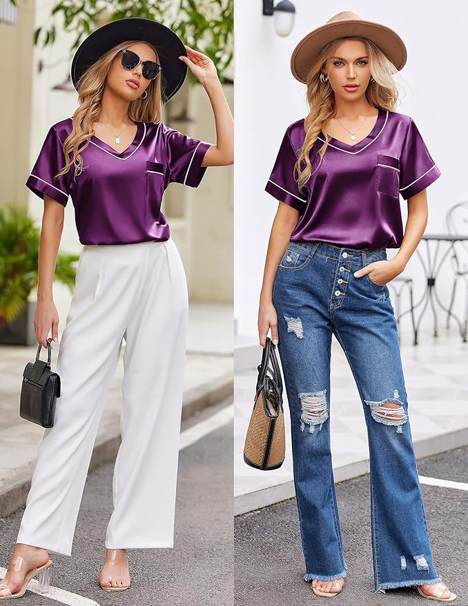 Ekouaer Silk Pajama for Women Short Sleeve Satin Pj Set Two Piece Soft Sleepwear Loungewear, S-XXL