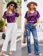 Ekouaer Silk Pajama for Women Short Sleeve Satin Pj Set Two Piece Soft Sleepwear Loungewear, S-XXL