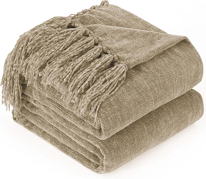 Chenille Throw Blanket for Couch with Tassels,60"X80" Soft Cozy Lightweight Knitted Boho Decorative Blankets for Bed and Sofa,Taupe