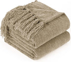 Chenille Throw Blanket for Couch with Tassels,50"X60" Soft Cozy Lightweight Knitted Boho Decorative Blankets for Bed and Sofa,Taupe