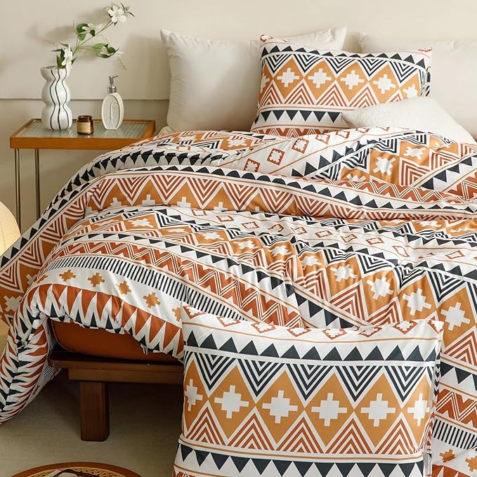 Luxlovery Aztec Comforter Set Cal King Boho Geometric Bedding Set Beige Orange Black Colorful Farmhouse Blanket Quilts Soft Rustic 3PCS Comforter Set California King
