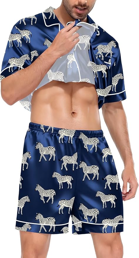 SWOMOG Satin Matching Pajamas Sets Couple Silk Button Down Nightwear Women & Men Short Sleeve Sleepwear 2 Pieces Loungewear