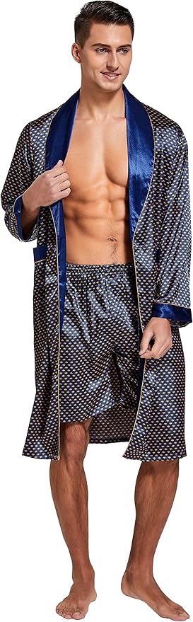 Tony & Candice Men's Satin Robe Lightweight Long Sleeve Silk Kimono Bathrobe with Shorts Set Sleepwear