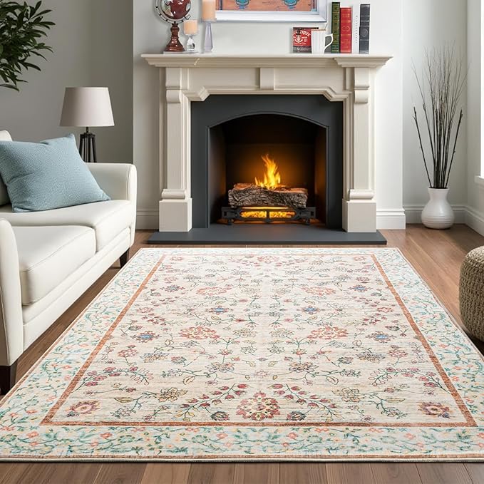 CRYPTOLITE Area Rug for Living Room, 6x9 Machine Washable Non Slip Large Faux Wool Throw Rug, Low Pile & Non-Shedding Boho Large Carpet Rugs for for Dining Room, Bedroom, Office (Pale Yellow)