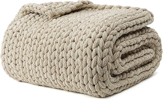 YnM Chenille Weighted Blanket, Handmade Chunky Knitted Design, Soft and Cozy, Temperature Regulating and Breathable, Machine Washable Throw for Sleep or Home Decor (Beige, 60x80 Inch, 20lbs)