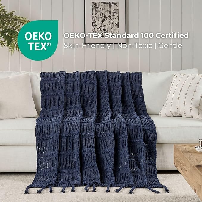 Boho Knitted Chenille Blanket with Tassels - Lightweight & Soft All-Season Throw - 3D Classic Pattern for Living Room Bedroom Couch, Royal Blue, King 90"x108"