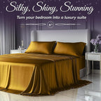 SLEEP SANCTUARY Satin Sheets Queen Size – 4 Piece Luxury Silky Bed Set, Softer Than Silk, 15" Deep Pocket, Cooling & Wrinkle-Free, Moisture-Wicking & Breathable for Hair & Skin (Striped Gold)