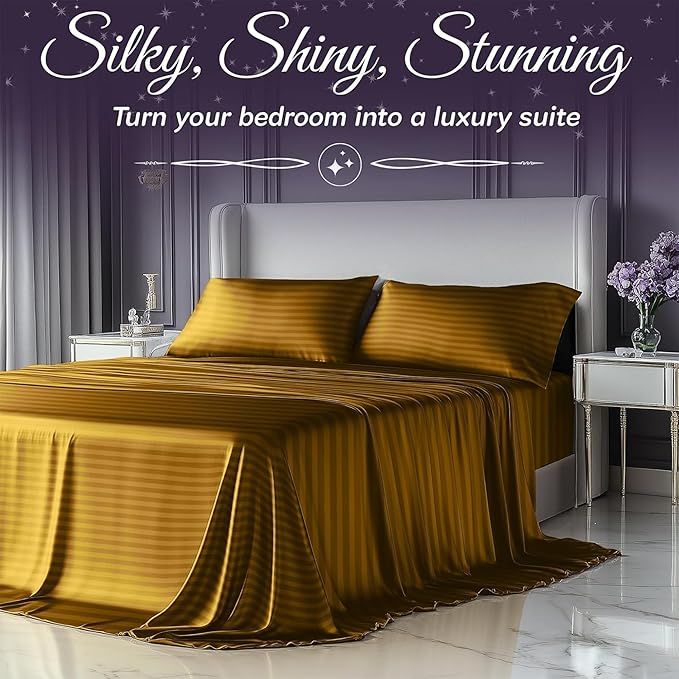 SLEEP SANCTUARY Satin Sheets Full Size – 4 Piece Luxury Silky Bed Set, Softer Than Silk, 15" Deep Pocket, Cooling & Wrinkle-Free, Moisture-Wicking & Breathable for Hair & Skin (Striped Gold)