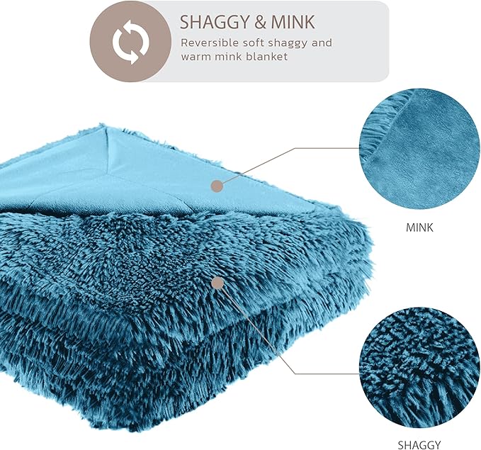 Hyde Lane Dark Teal Fuzzy Throw Blanket for Couch Sofa, Reversible Ultra Soft Faux Fur Throws, Plush Fluffy Blankets | 60x80 Peacock Blue