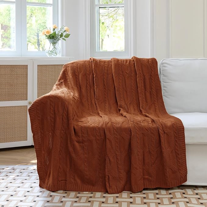 Aormenzy Dark Terracotta Knit Throw Blankets Oversized Cable Knit Decorative Throw Blanket Rust Soft Cozy Knitted Blanket for Sofa Couch Bed, 60" x 80"